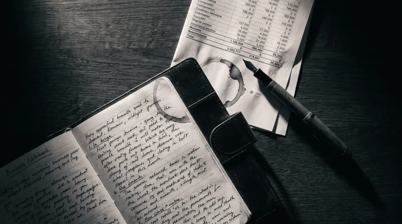 Een notitieboek met handgeschreven aantekeningen, een vulpen en een koffiering op een donkere tafel